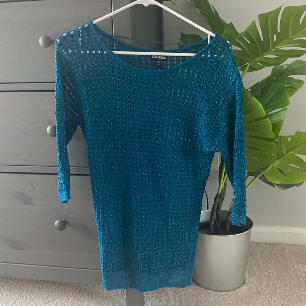 Express Teal Glitter 3/4 Sleeve Top